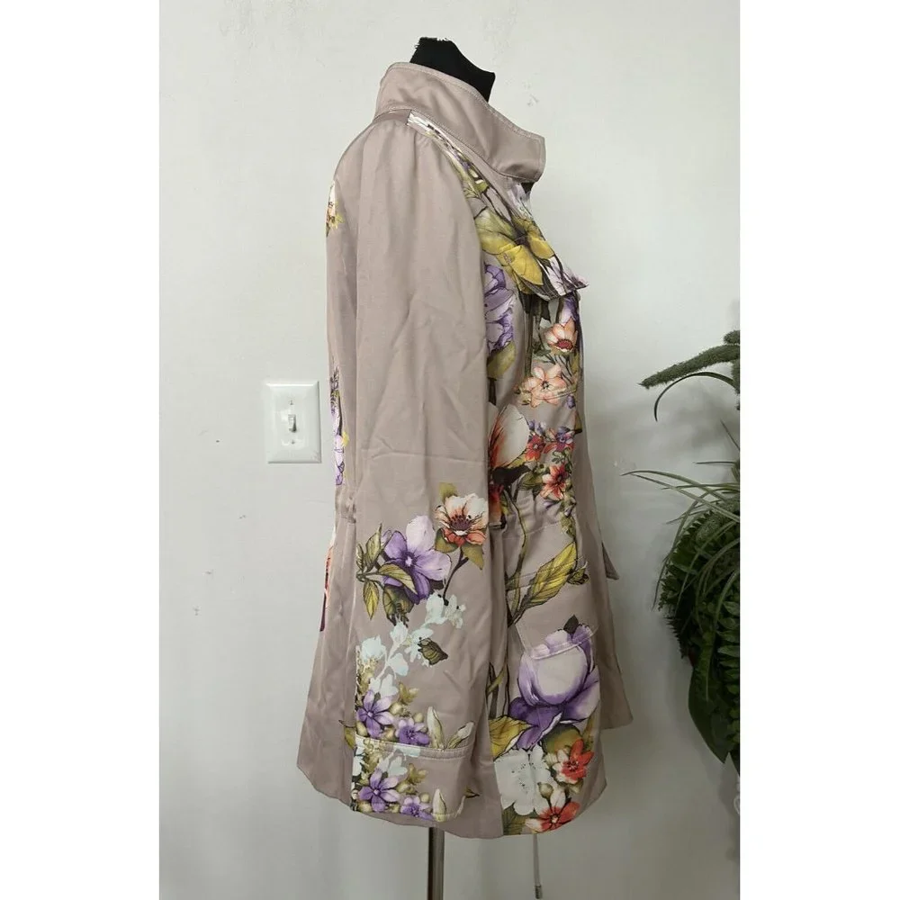 Chico's Satin Floral Buttercream Beige Zip Snap Front Utility Jacket‎ Sz 2/L